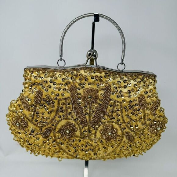 Beaded Sequin Gold Kiss Lock Satin‎ Interior, Chain Strap Evening Bag Handbag - Picture 3 of 8